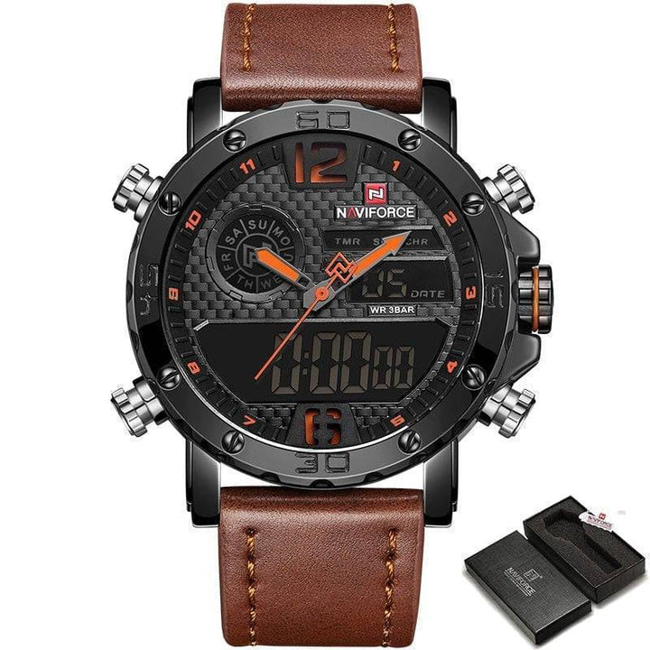 Stylish men's chronograph watch with dual display, featuring a durable black case and brown leather strap