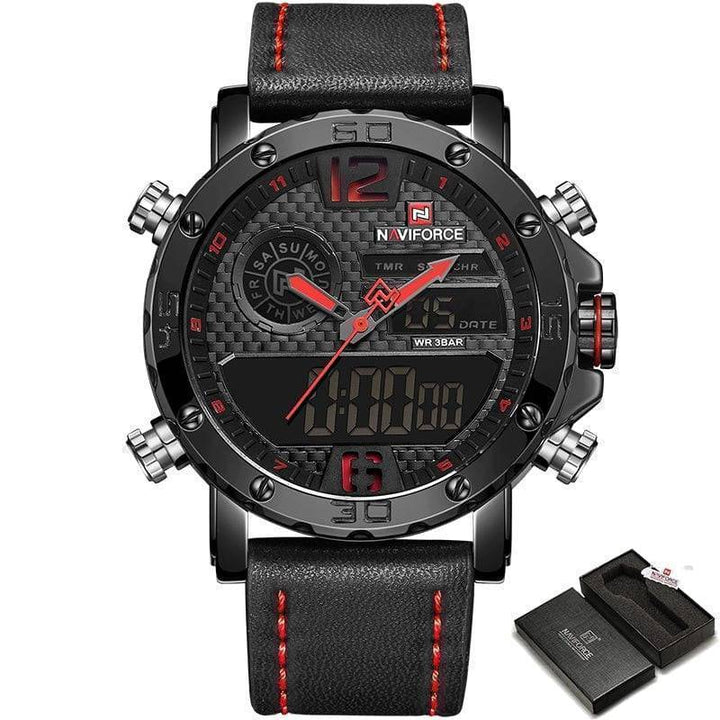 Rugged men's quartz digital watch for adventure, combining analog style with digital precision