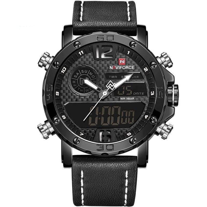 Close-up of a men's quartz digital adventure watch, showing dual time display & chronograph features