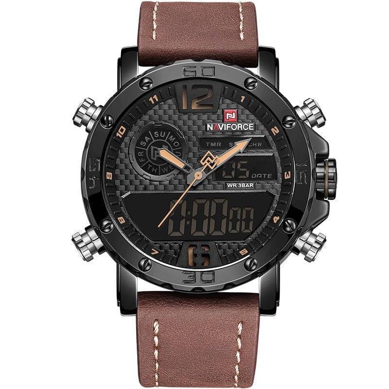Side view of a sturdy men's sport watch with thick brown leather band & large, easy-to-read dial