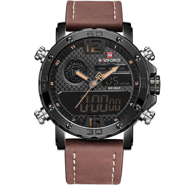 Side view of a sturdy men's sport watch with thick brown leather band & large, easy-to-read dial