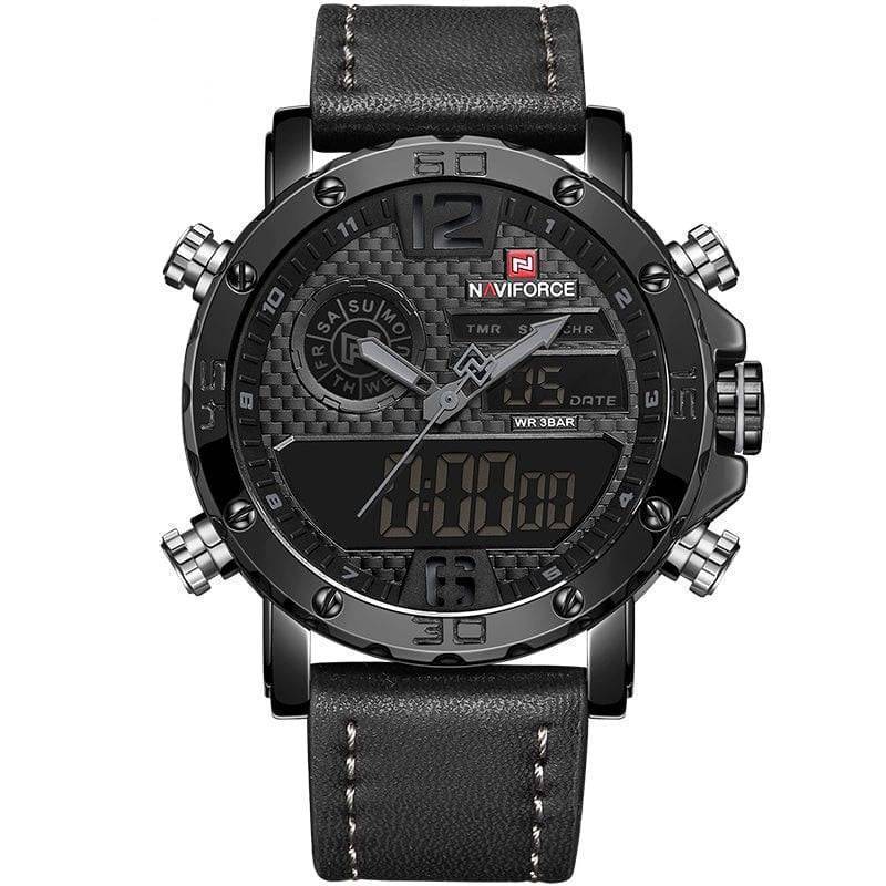 Front view of a men's dual display watch, highlighting the contrasting analog and digital time formats
