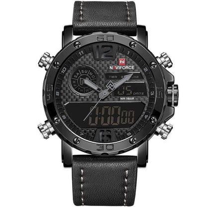 Front view of a men's dual display watch, highlighting the contrasting analog and digital time formats