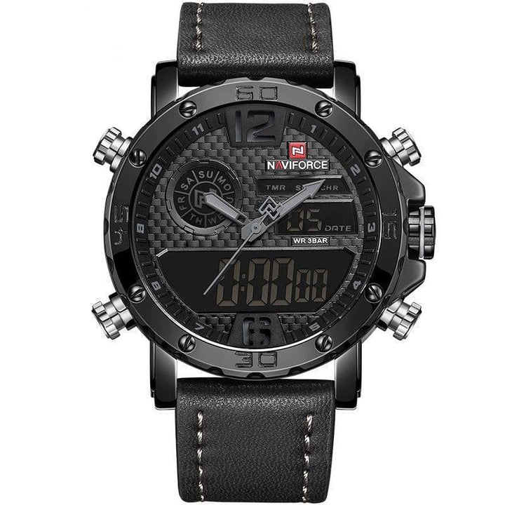 Front view of a men's dual display watch, highlighting the contrasting analog and digital time formats