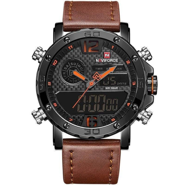 Rugged men's sport watch on wrist, showcasing its comfortable brown leather band and active style