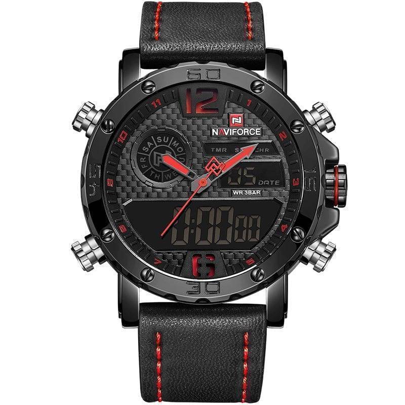 Action shot of a men's adventure watch with dual display, perfect for outdoor activities & sports