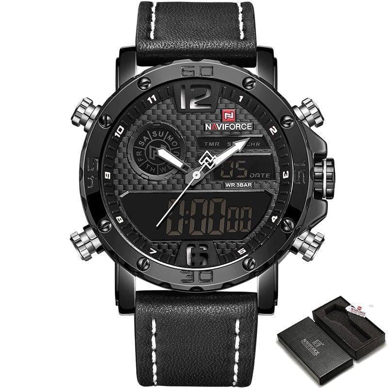 Detailed image of the luminous hands & markers on a men's dual display sport watch in low light