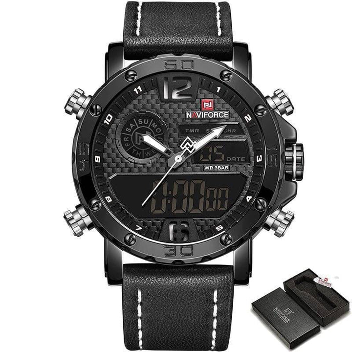 Detailed image of the luminous hands & markers on a men's dual display sport watch in low light