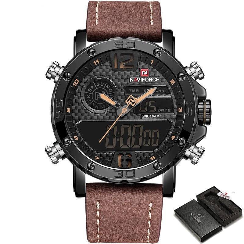Back view of a men's rugged sport watch, showing case construction & leather band attachment