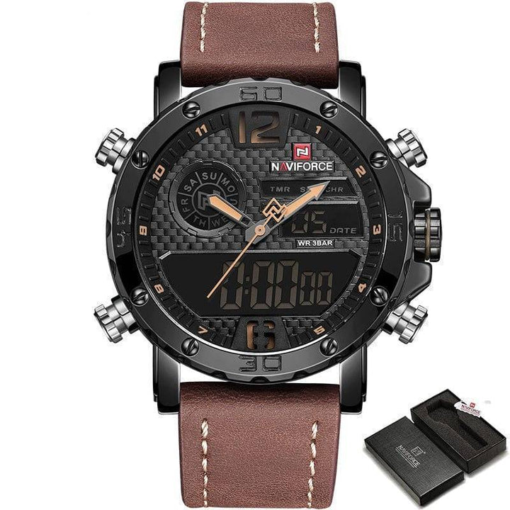 Back view of a men's rugged sport watch, showing case construction & leather band attachment