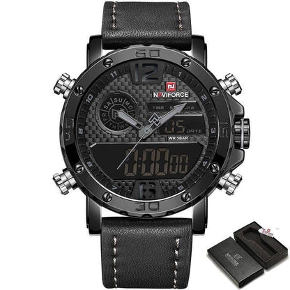 Men's dual time sport watch display, clearly showing digital readout & analog hands for versatile use
