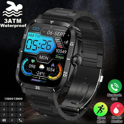 Rugged men's military smartwatch, black, with Bluetooth call & fitness tracking, on a wrist.