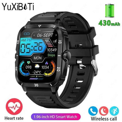 Black military smartwatch for men, showcasing its full-touch screen and various sport modes.