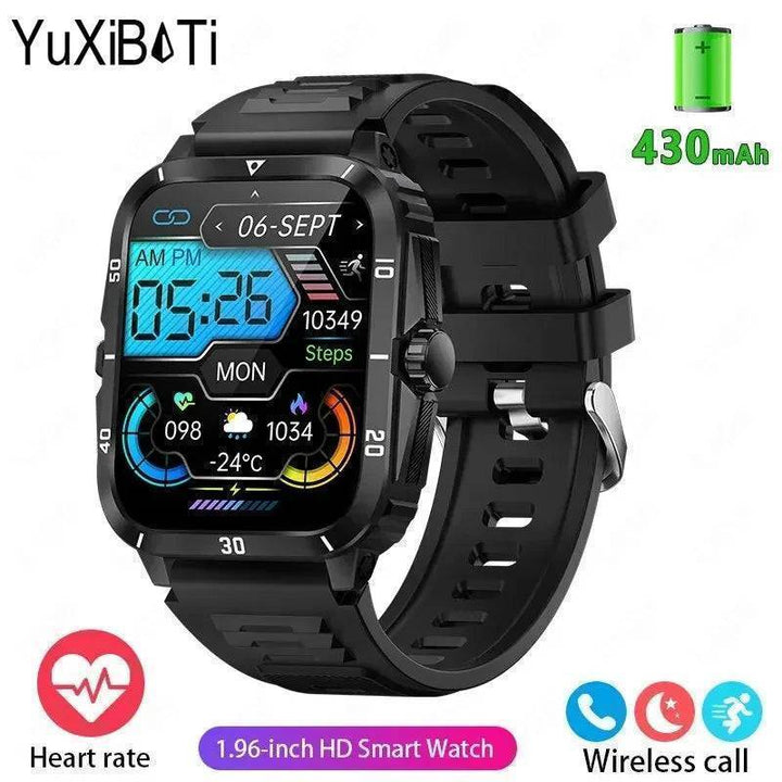 Black military smartwatch for men, showcasing its full-touch screen and various sport modes.