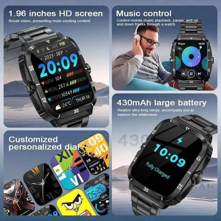 Close-up of a waterproof military smartwatch face, displaying time & health metrics for active men.