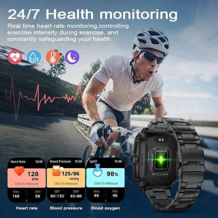 Men's rugged smartwatch with a durable silicone strap, ideal for outdoor gear & fitness tracking.