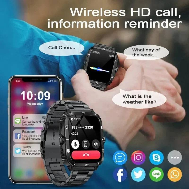 Side view of a heavy-duty military smartwatch showing buttons for Bluetooth calls & sports modes.