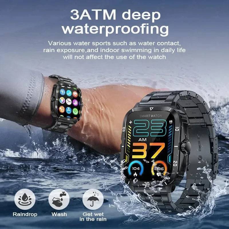 Waterproof men's smartwatch, black with red accents, in an outdoor setting, showcasing its rugged design.