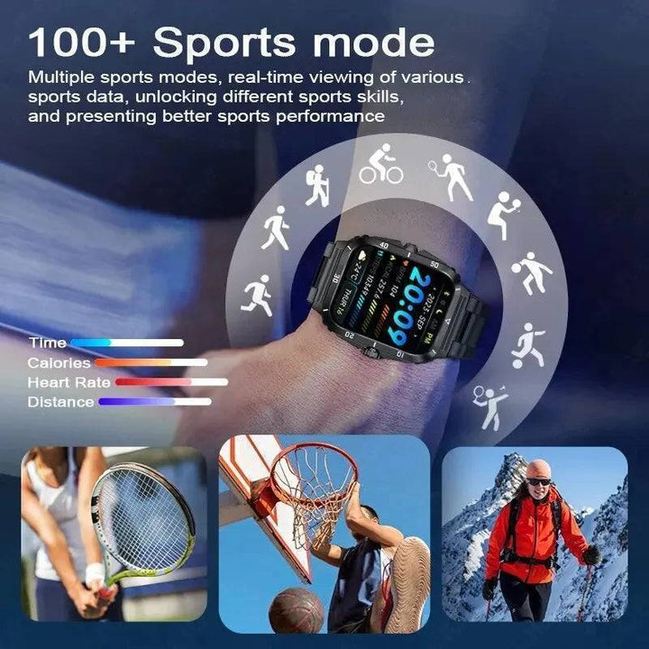 Military-grade men's smartwatch with long battery, monitoring heart rate & steps, on a charging dock.
