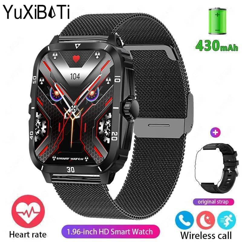 Active man wearing a black military smartwatch, using Bluetooth call function during a run.