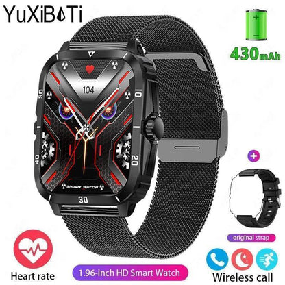 Active man wearing a black military smartwatch, using Bluetooth call function during a run.