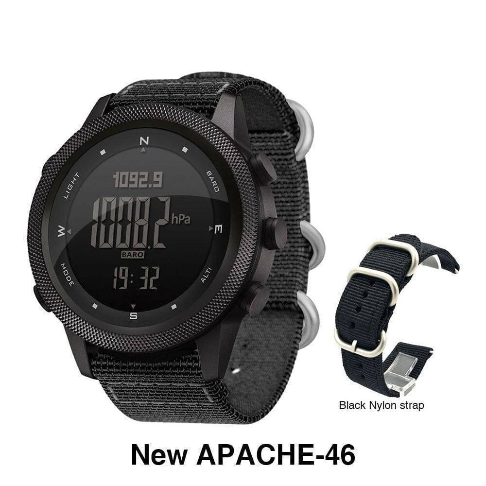 Rugged men's outdoor sport smartwatch with black silicone band, showing multiple functions display.