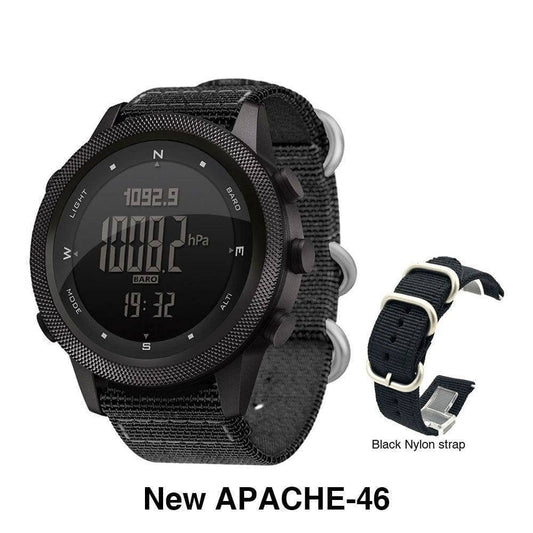 Rugged men's outdoor sport smartwatch with black silicone band, showing multiple functions display.