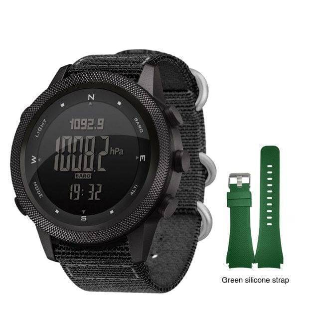 Black men's outdoor smartwatch with a clear digital screen, suitable for all weather conditions.