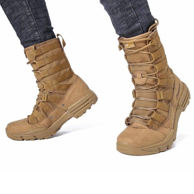 Close-up of men's ankle-high tactical hiking boots, showcasing sturdy lacing and robust sole for outdoor adventures.