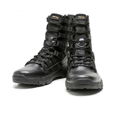 Pair of rugged men's outdoor tactical hiking boots, grey and black, ready for demanding trails and adventures.