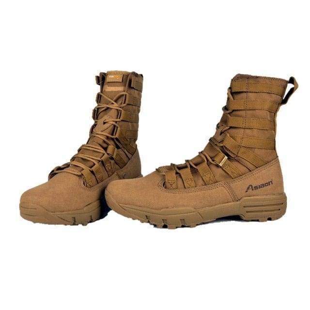 Side view of men's robust tactical hiking ankle boots, waterproof, designed for all-terrain outdoor adventures.