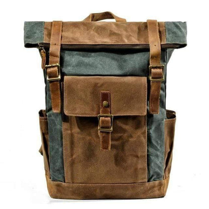 Men's vintage outdoor backpack with metal buckles and leather accents.