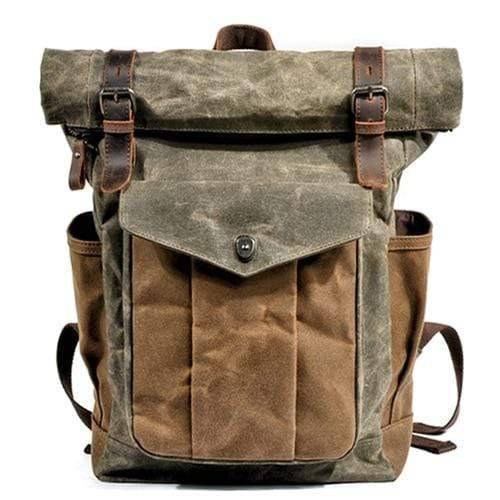 Vintage leather and canvas backpack, perfect for daily commuting.