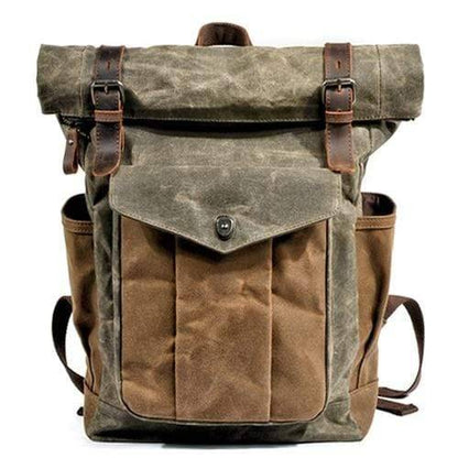 Vintage leather and canvas backpack, perfect for daily commuting.