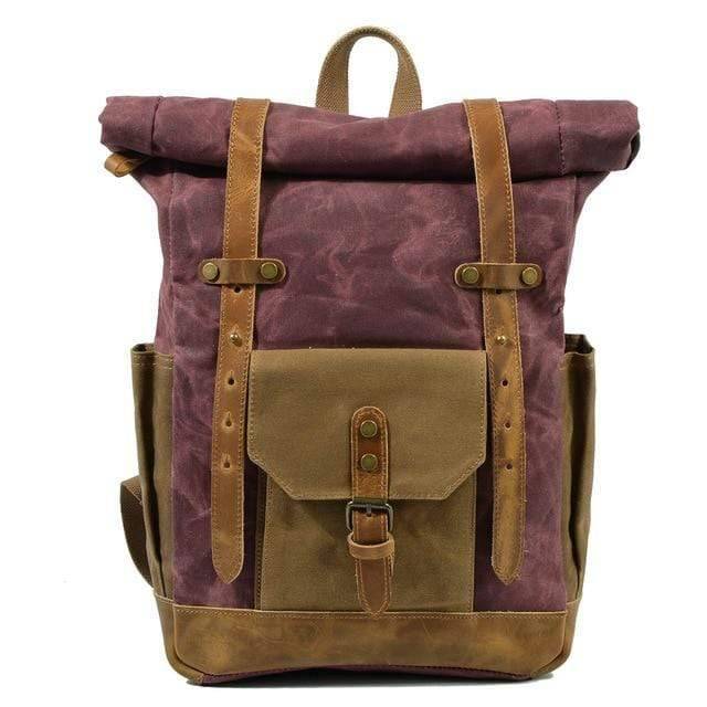Men's outdoor camping gear: rugged leather and canvas backpack.