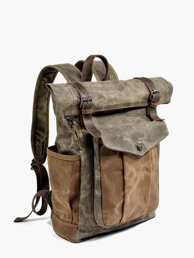 Front view of rugged vintage canvas leather backpack, camping gear.