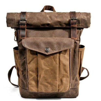Detailed shot of leather straps on a rugged daily backpack.
