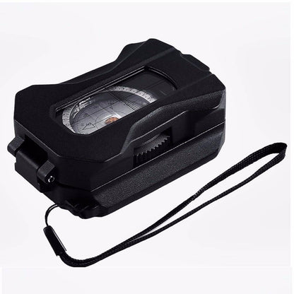 Top-down view of a sturdy navigation compass, great for tactical outdoor and hiking adventures