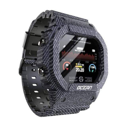 Wearable tech: a military-style rugged smartwatch on a wrist, perfect for outdoor activities and fitness tracking.