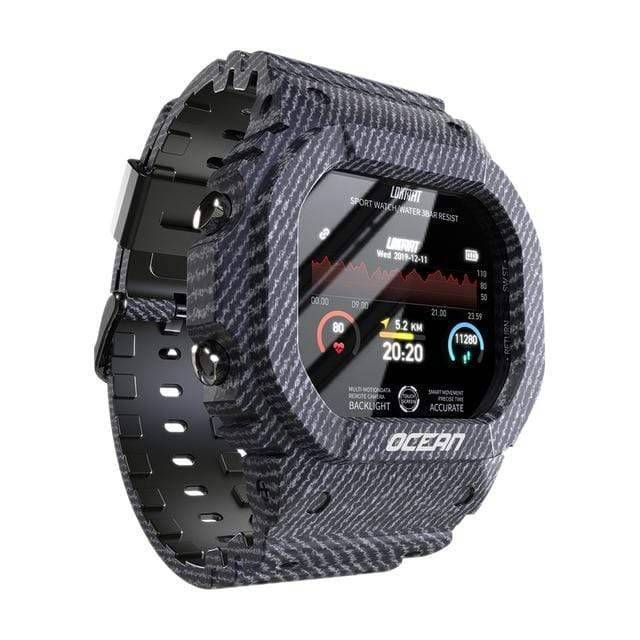 Wearable tech: a military-style rugged smartwatch on a wrist, perfect for outdoor activities and fitness tracking.