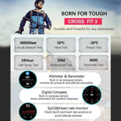 Durable outdoor sports watch, smart, with integrated GPS, altimeter, barometer, and compass features.