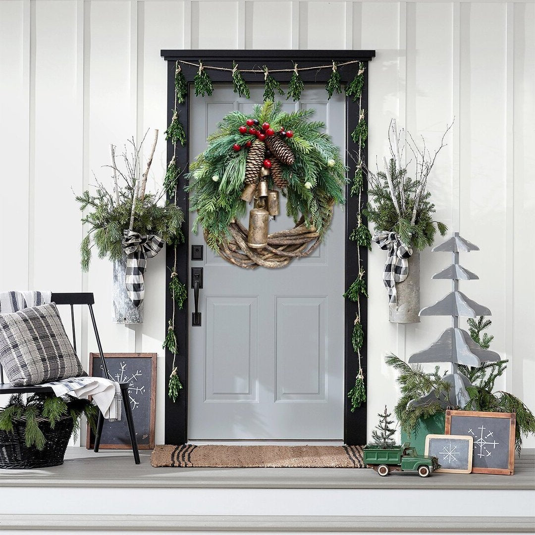 Farmhouse Christmas wreath with rustic charm. Handcrafted boho holiday decor for festive winter homes.