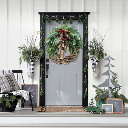 Farmhouse Christmas wreath with rustic charm. Handcrafted boho holiday decor for festive winter homes.
