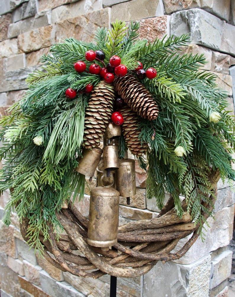 Festive rustic farmhouse wreath. Christmas holiday decor, perfect for front door or interior wall display.