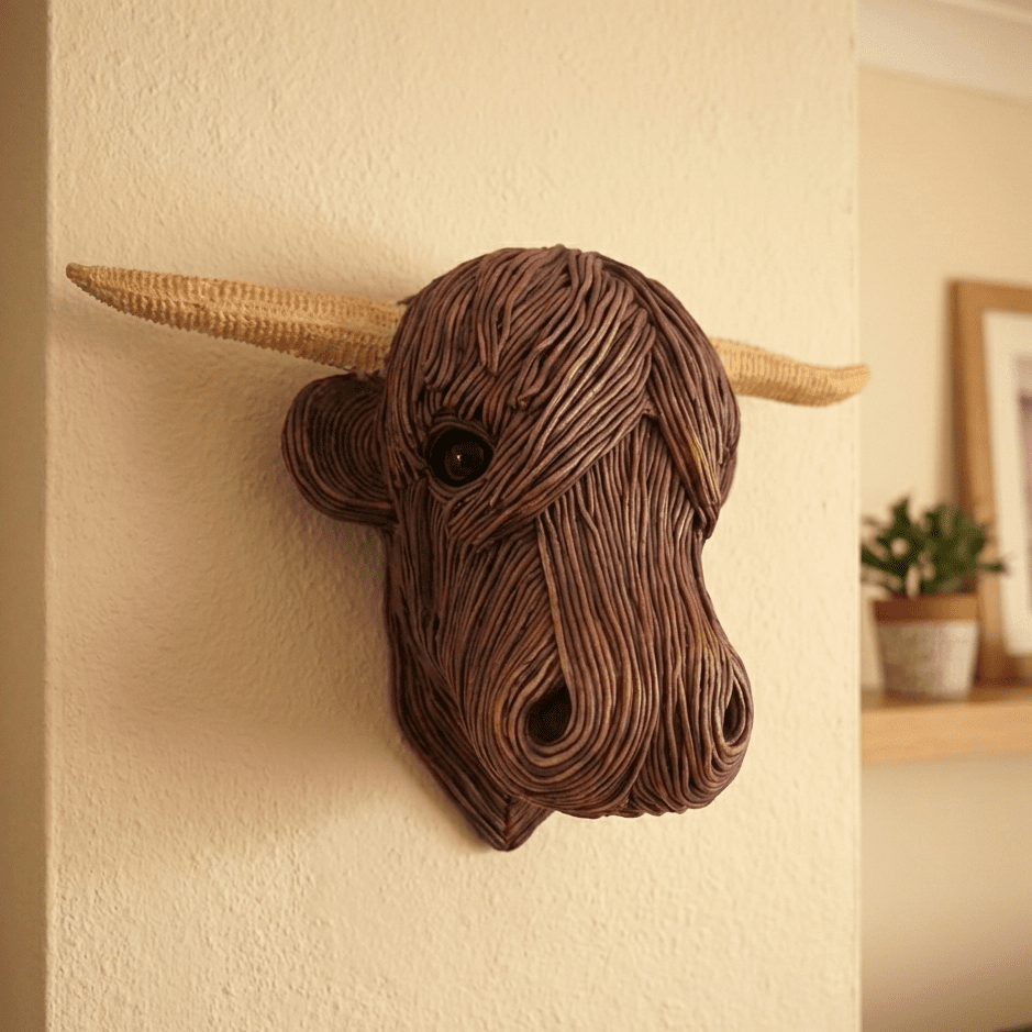 Rustic Highland Cow wall art sculpture, perfect for farmhouse decor. Hand-painted resin animal art with country charm.