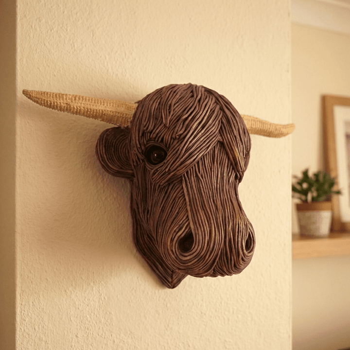 Rustic Highland Cow wall art sculpture, perfect for farmhouse decor. Hand-painted resin animal art with country charm.