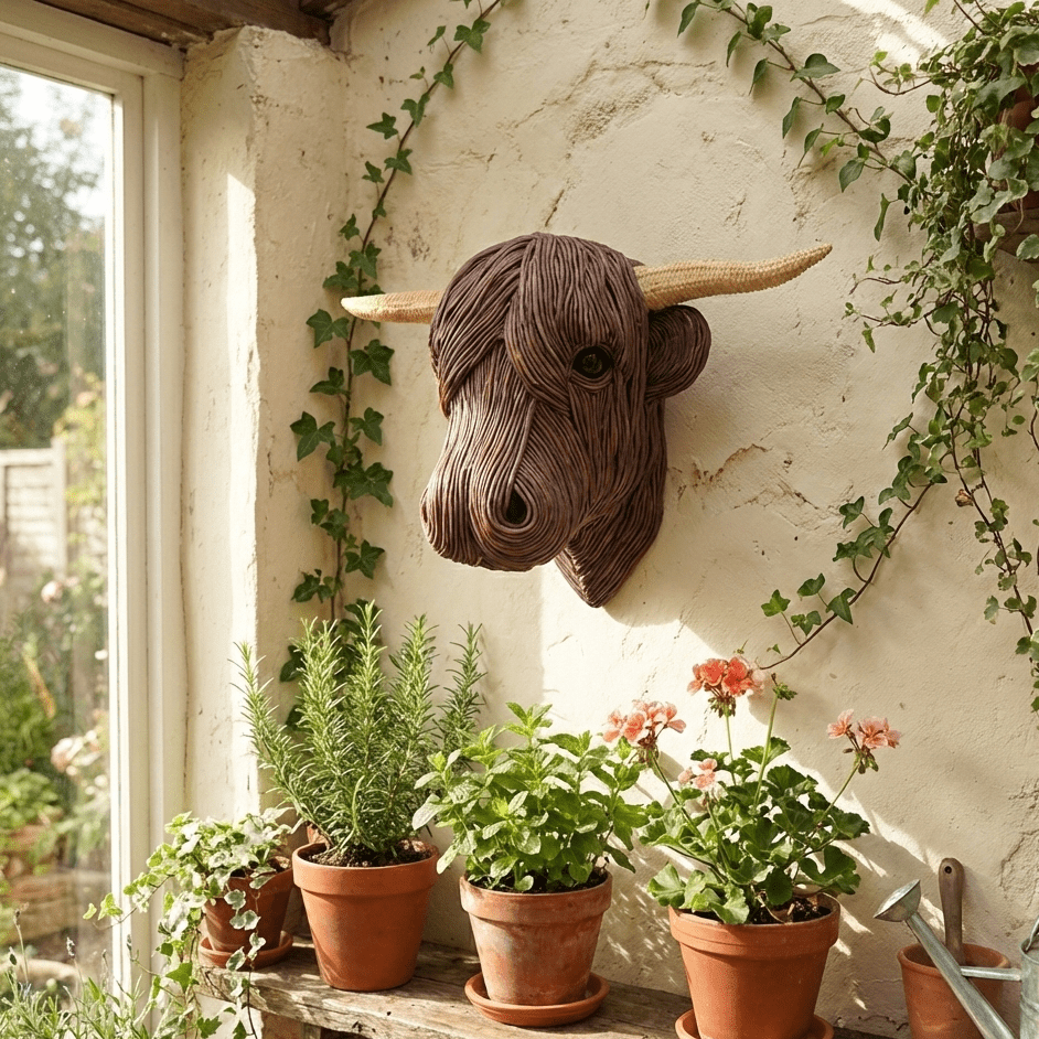 Highland Cow wall art sculpture, adding rustic farmhouse charm to any home. Unique animal decor in a country style.