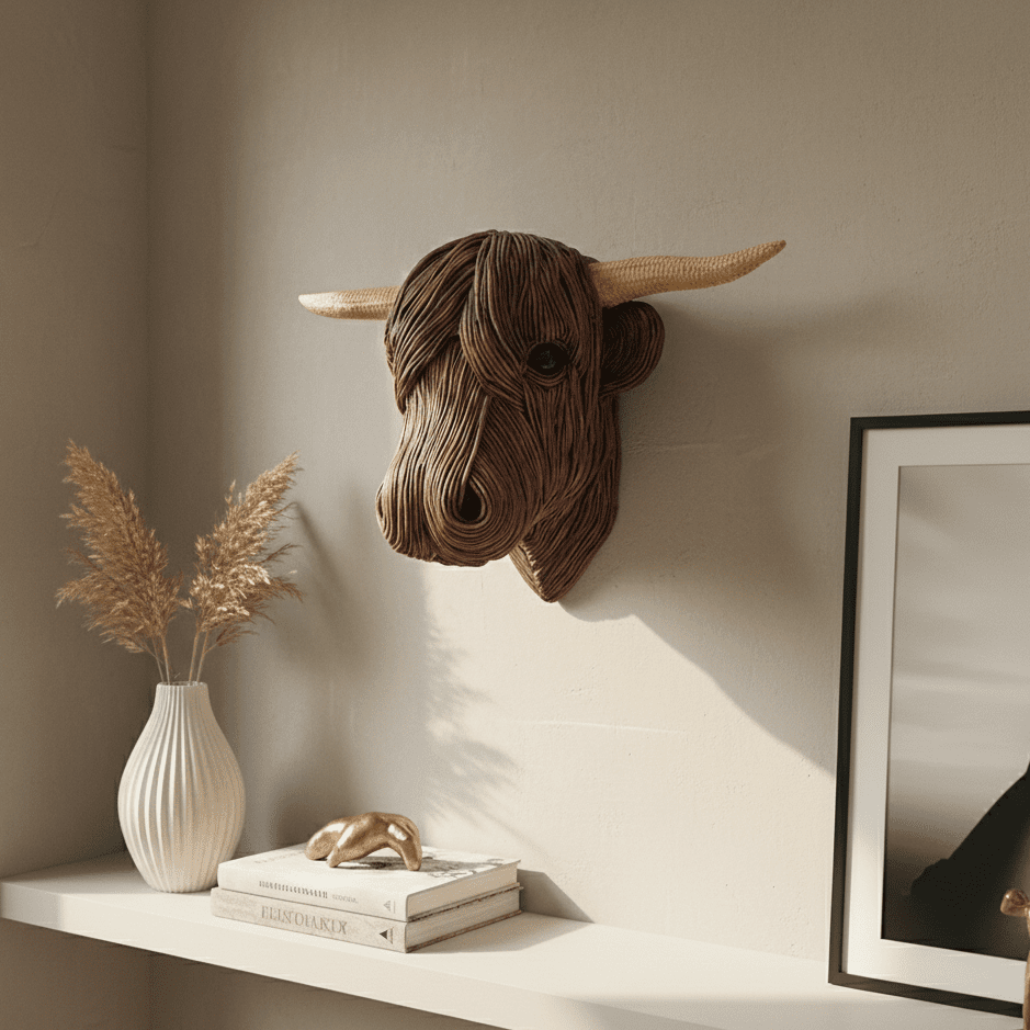 Charming rustic Highland Cow sculpture, perfect wall art for farmhouse decor. Unique animal art with country charm.