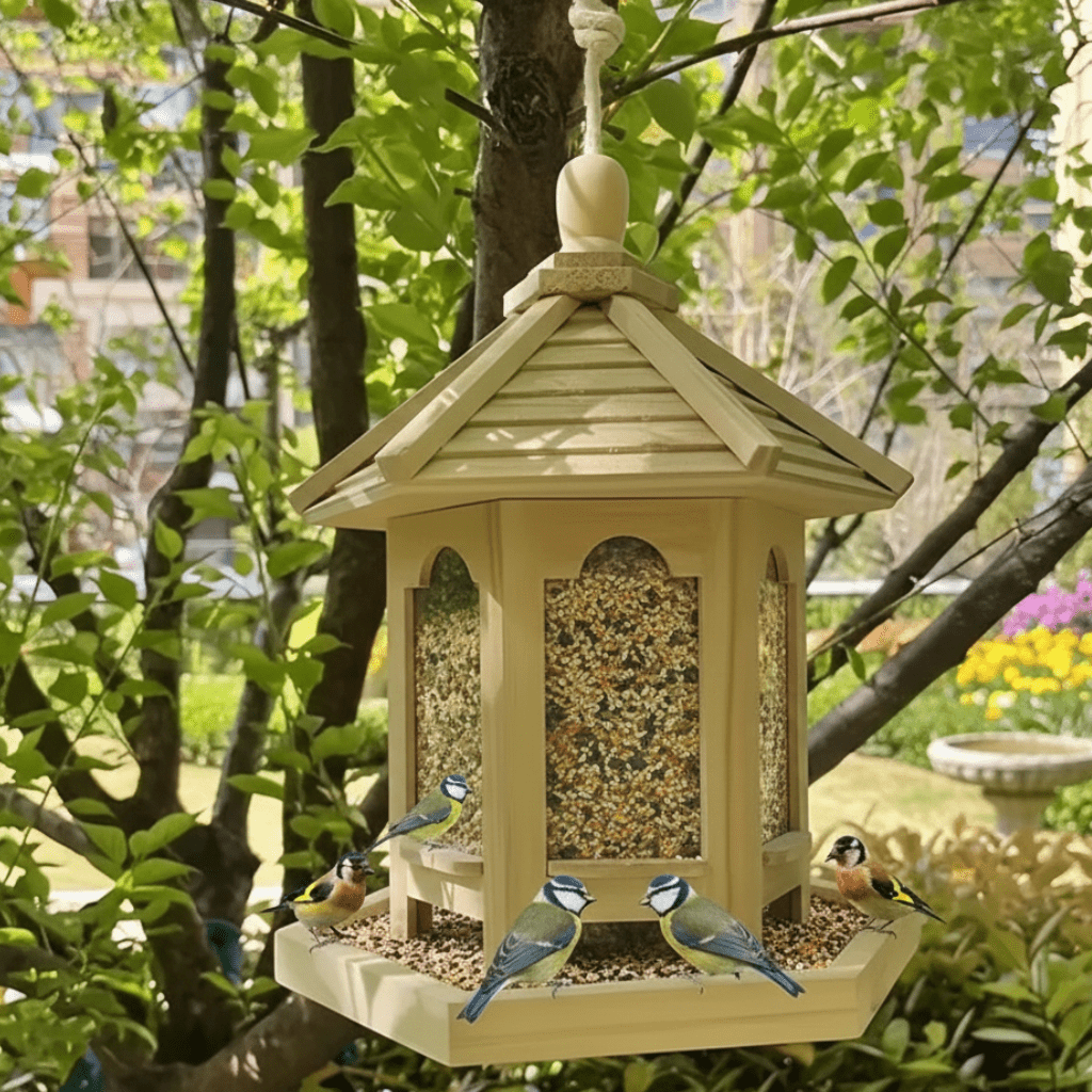 Rustic wooden birdhouse & water feeder. Attracts backyard wildlife; charming garden decor for outdoor spaces.