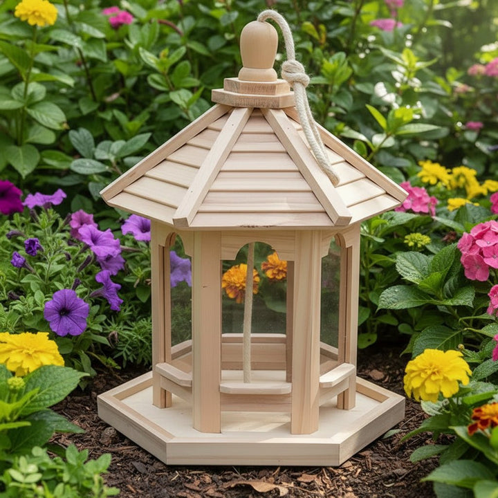 Handmade rustic wood birdhouse & water feeder. Eco-friendly garden decor, perfect for birds & enhancing backyard nature.
